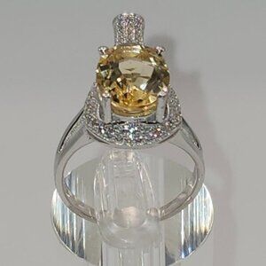 .925 Sterling Silver Citrine Solitaire w/ Cubic Zirconia Ring Size 9 Value $720